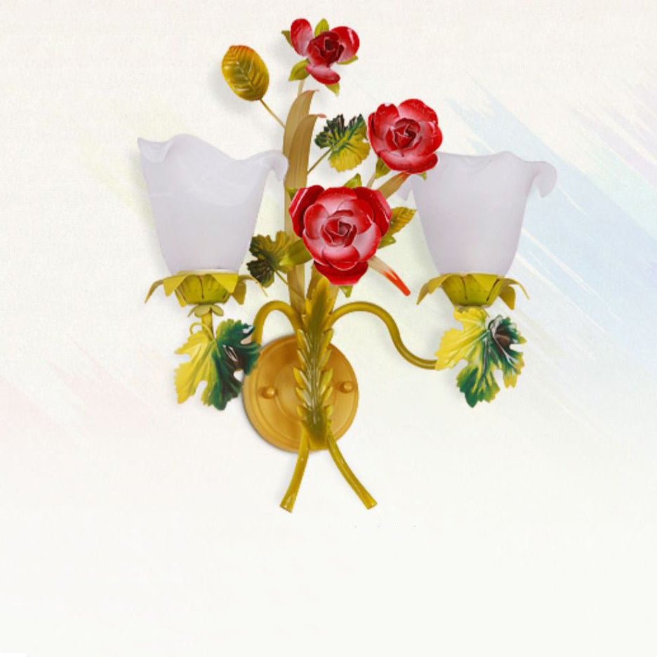Traditional Farmhouse Iron Glass Rose Floral Bell 1/2 Light Wall Sconce Lamp For Hallway