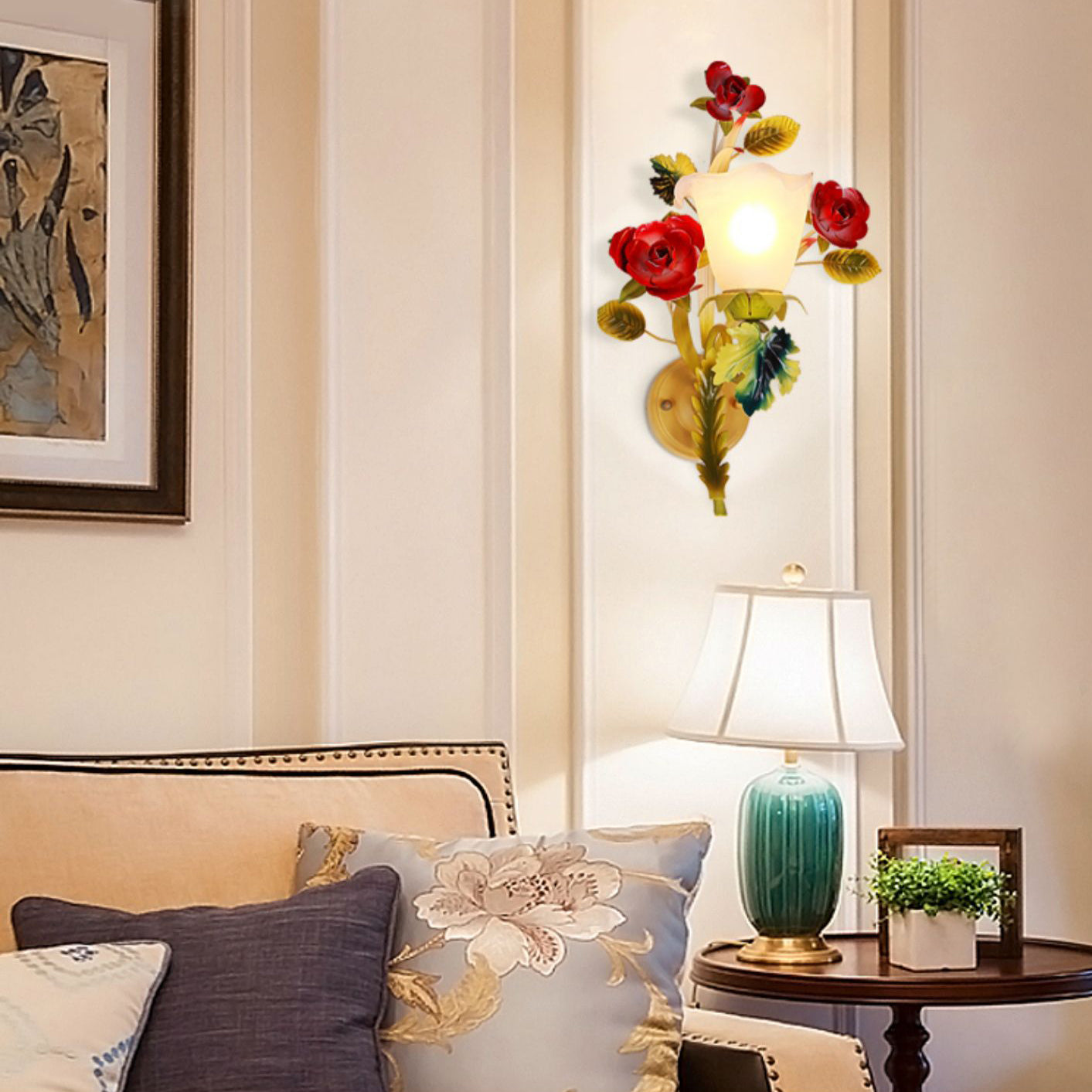 Traditional Farmhouse Iron Glass Rose Floral Bell 1/2 Light Wall Sconce Lamp For Hallway