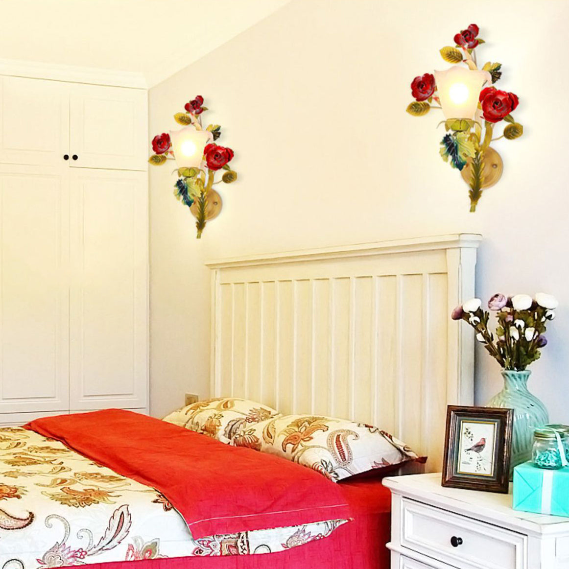 Traditional Farmhouse Iron Glass Rose Floral Bell 1/2 Light Wall Sconce Lamp For Hallway