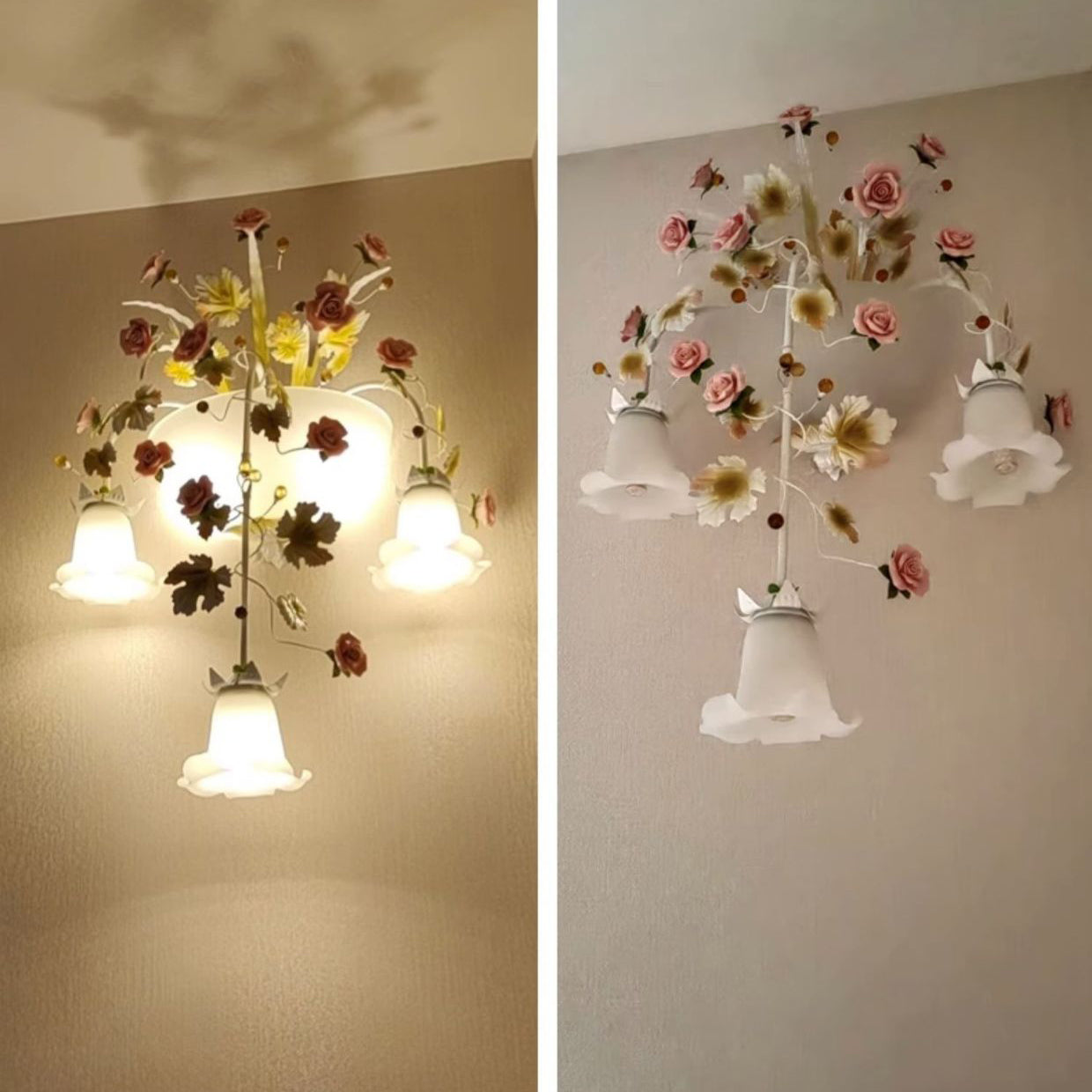 伝統的な農家風セラミックと鉄、ガラス、手作りの花柄ローズ5灯壁取り付け用ランプ(廊下用)