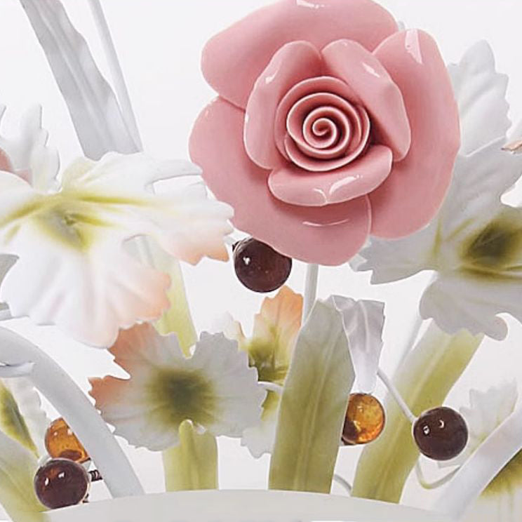 伝統的な農家風セラミックと鉄、ガラス、手作りの花柄ローズ5灯壁取り付け用ランプ(廊下用)