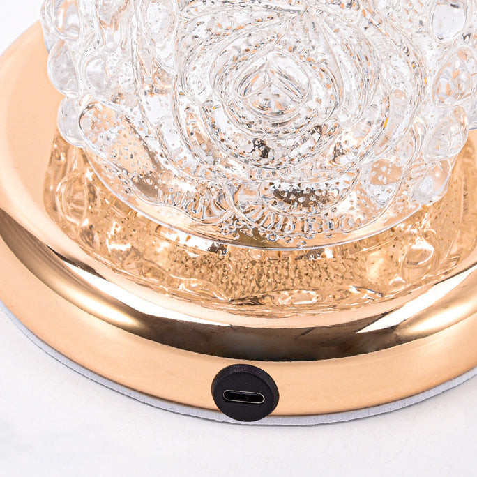 Modern Luxury Rechargeable Iron Glass Frosted Dome Petal Rose LED Table Lamp For Bedside