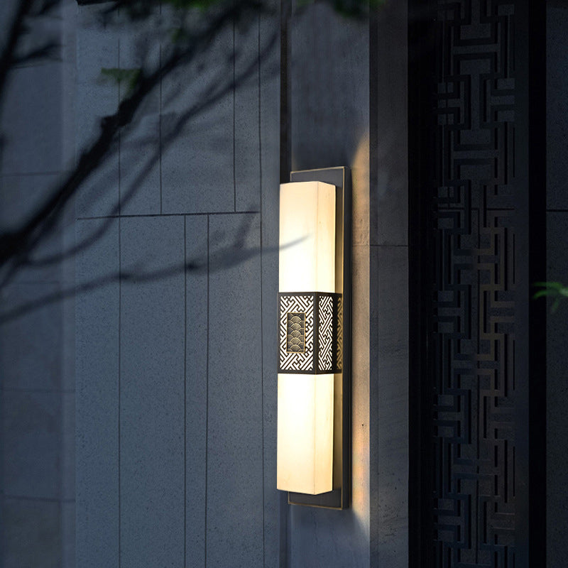Traditional Chinese Waterproof Copper Imitation Marble Rectangular Lucky Cloud LED Wall Sconce Lamp For Outdoor Patio