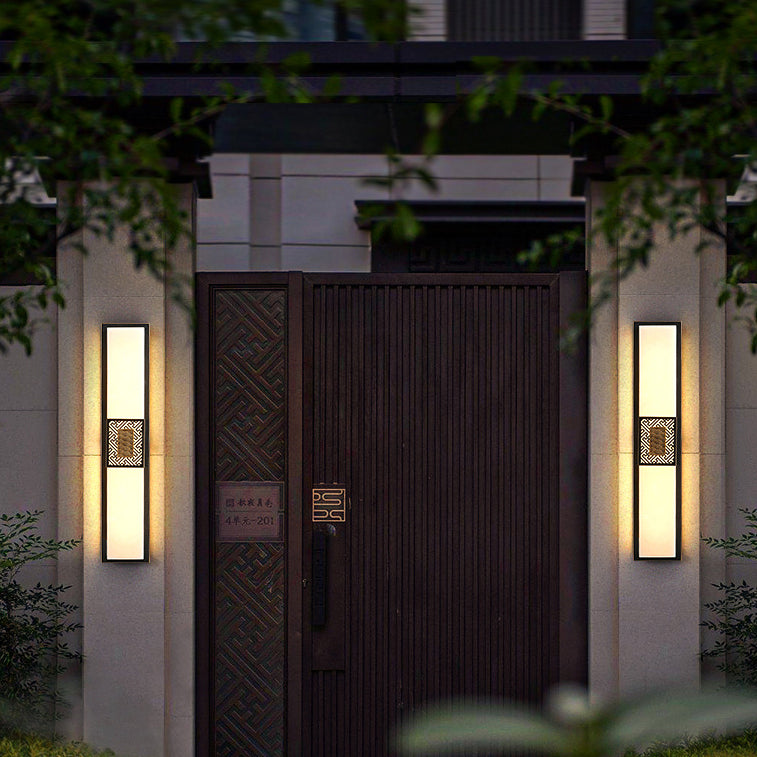 Traditional Chinese Waterproof Copper Imitation Marble Rectangular Lucky Cloud LED Wall Sconce Lamp For Outdoor Patio