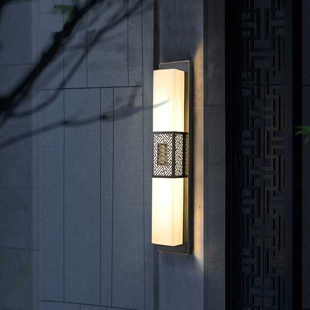 Traditional Chinese Waterproof Copper Imitation Marble Rectangular Lucky Cloud LED Wall Sconce Lamp For Outdoor Patio