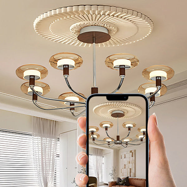 Contemporary Retro Hardware Glass Aluminum Round LED Chandeliers For Living Room