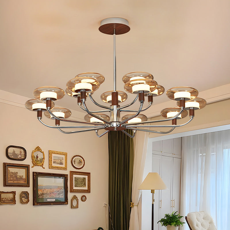 Contemporary Retro Hardware Glass Aluminum Round LED Chandeliers For Living Room