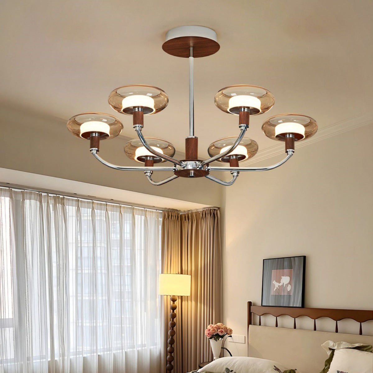 Contemporary Retro Hardware Glass Aluminum Round LED Chandeliers For Living Room