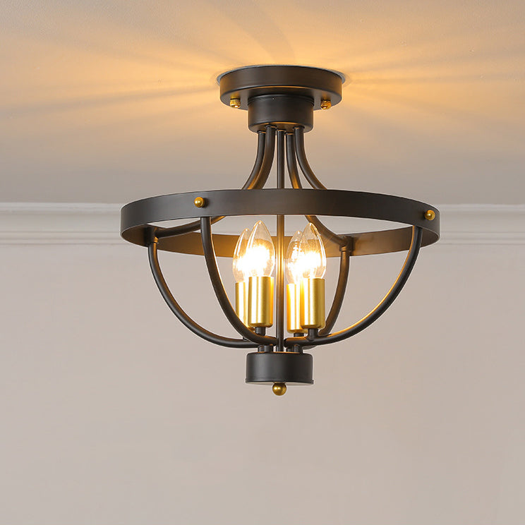 Contemporary Industrial Iron Cage Candle 4-Light Semi-Flush Mount Ceiling Light For Bedroom