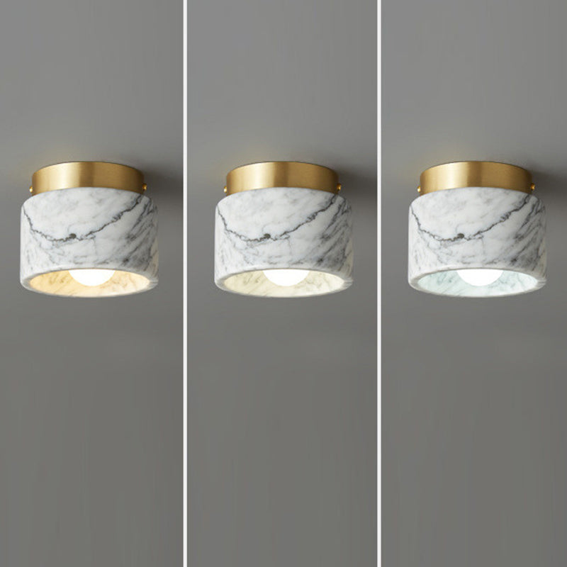 Contemporary Nordic Marble Metal Glass Cylinder Round 1-Light Semi-Flush Mount Ceiling Light For Hallway