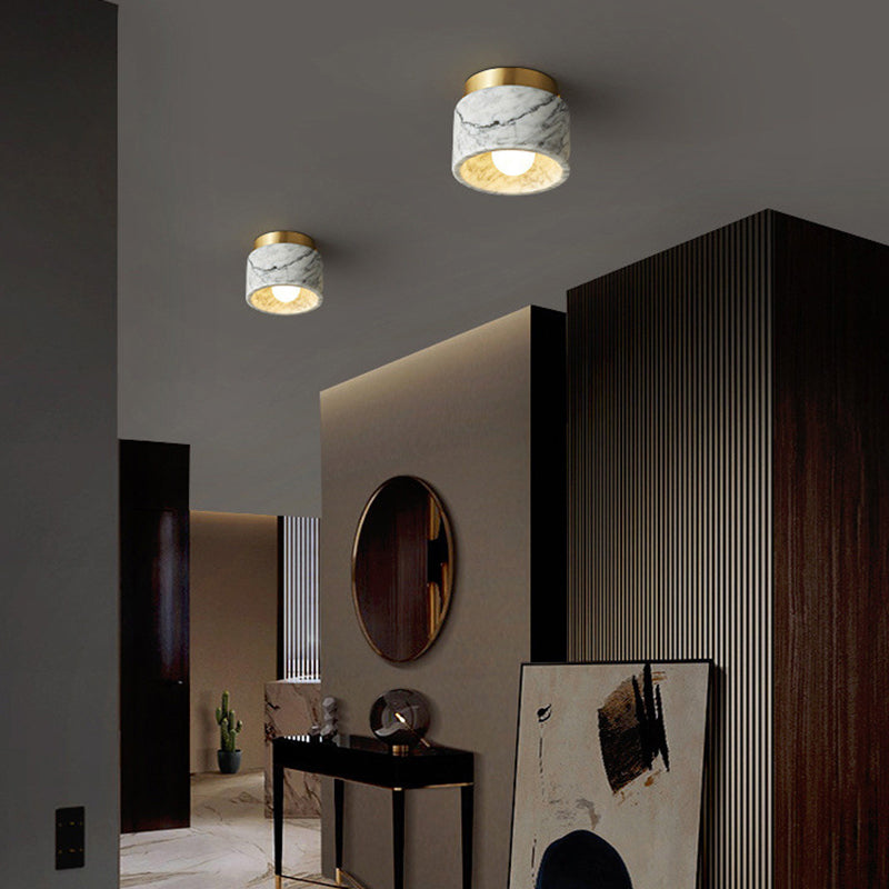 Contemporary Nordic Marble Metal Glass Cylinder Round 1-Light Semi-Flush Mount Ceiling Light For Hallway