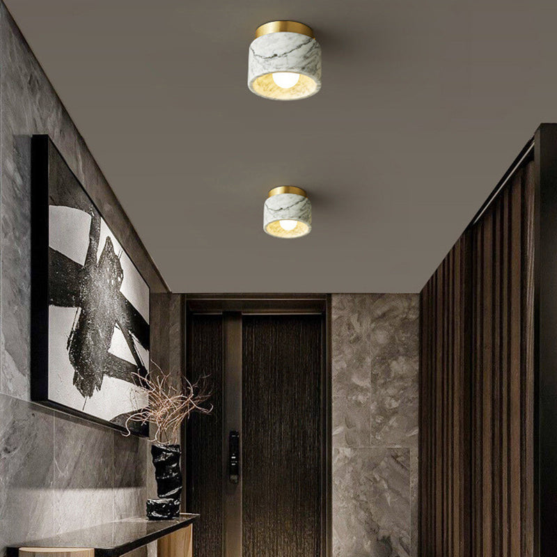 Contemporary Nordic Marble Metal Glass Cylinder Round 1-Light Semi-Flush Mount Ceiling Light For Hallway