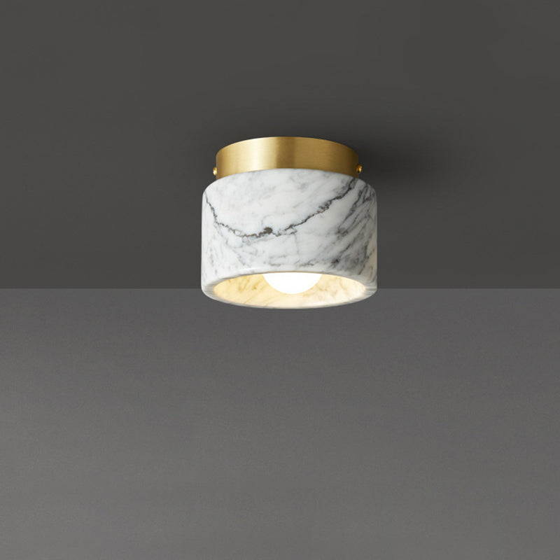 Contemporary Nordic Marble Metal Glass Cylinder Round 1-Light Semi-Flush Mount Ceiling Light For Hallway