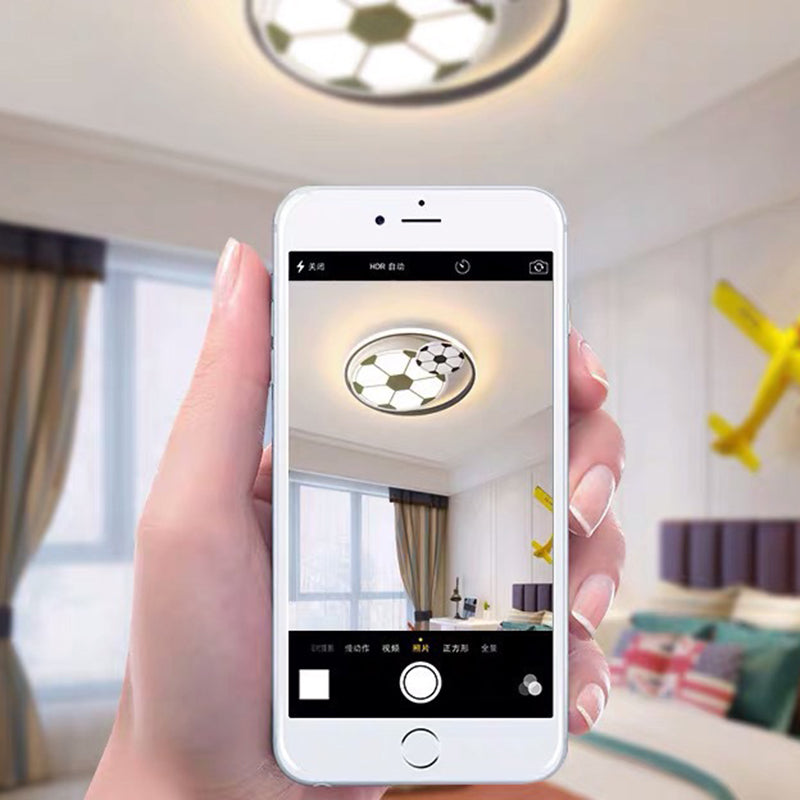 Contemporary Creative Kids Soccer Sport Round Iron Acrylic LED Flush Mount Ceiling Light For Bedroom