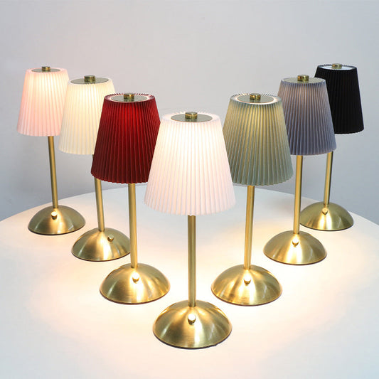 Contemporary Scandinavian Rechargeable Fabric Iron Pleated Cylinder LED Table Lamp For Bedside