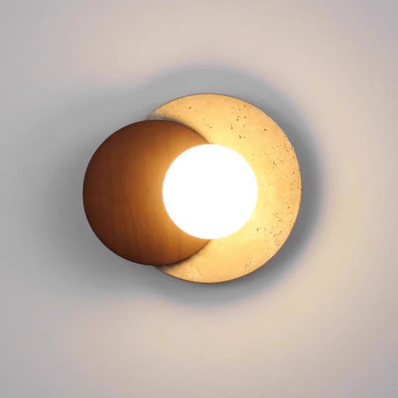 Traditional Japanese Travertine Rubber Wood PE Disc 1-Light Wall Sconce Lamp For Hallway