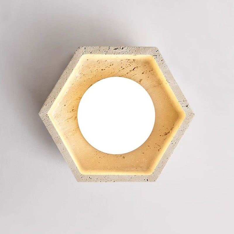 Traditional Japanese Travertine Hexagon 1-Light Semi-Flush Mount Ceiling Light For Hallway