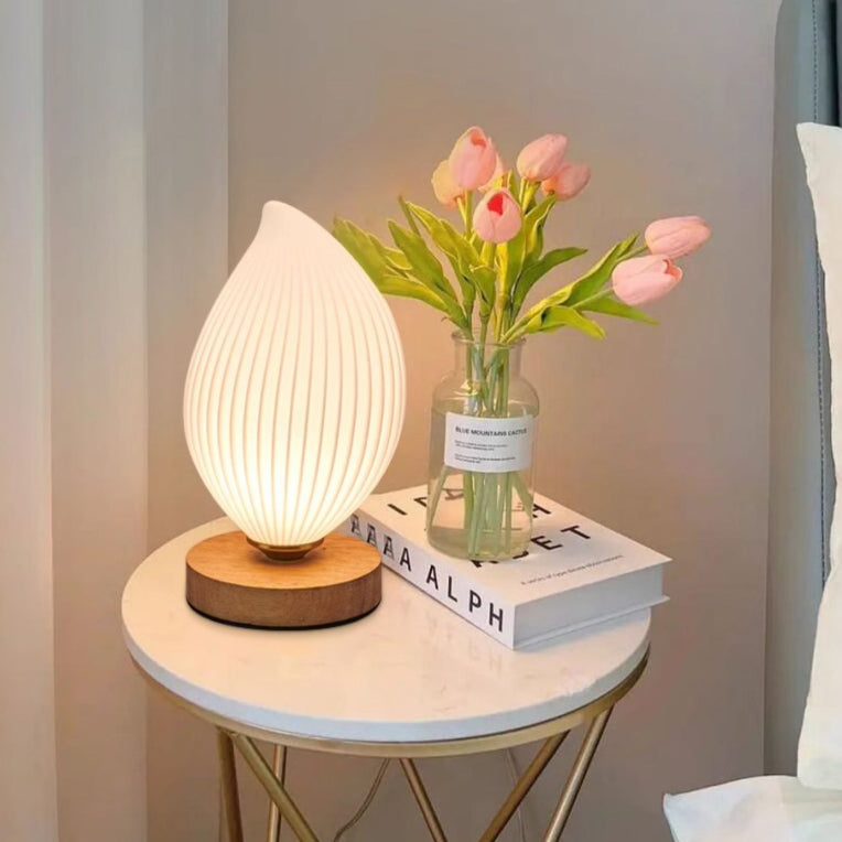 Contemporary Nordic Wood PLA ABS Bud Tulip Mango Striped 1-Light Table Lamp Night Light For Bedside