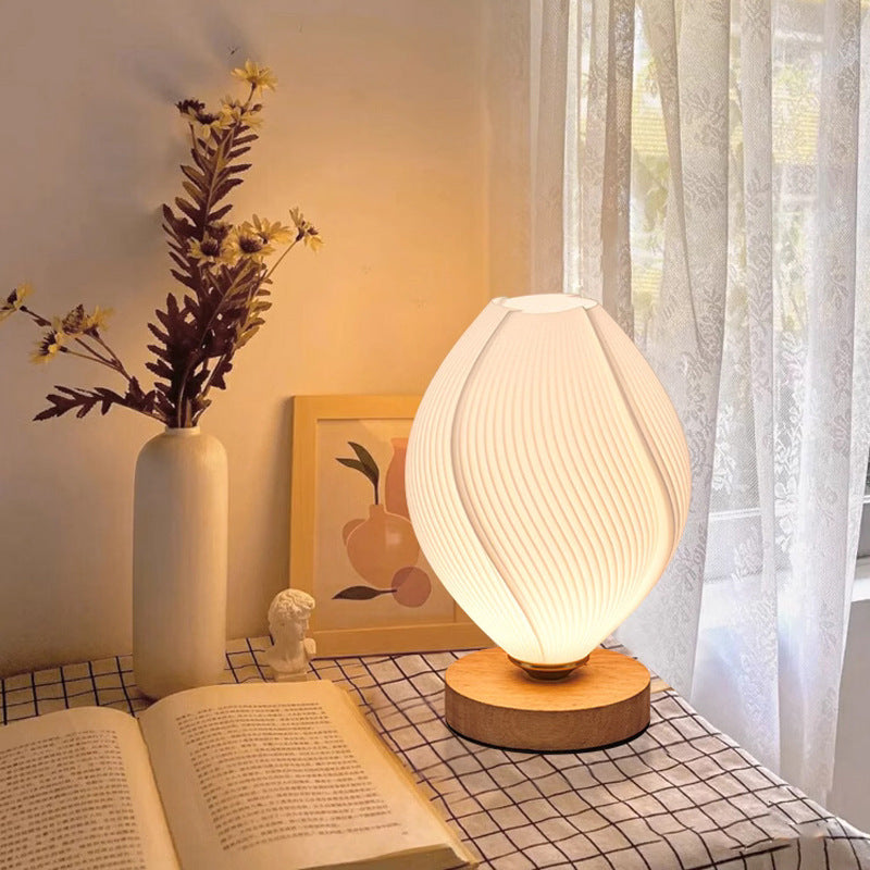 Contemporary Nordic Wood PLA ABS Bud Tulip Mango Striped 1-Light Table Lamp Night Light For Bedside