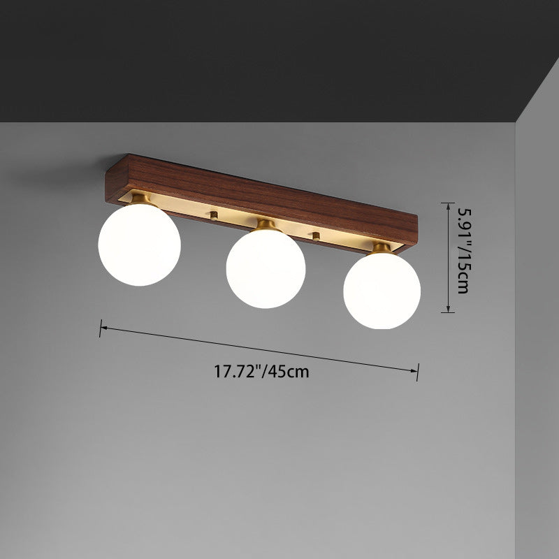 Contemporary Scandinavian Walnut Brass Glass Ball Rectangular Base 2/3 Light Semi-Flush Mount Ceiling Light For Hallway