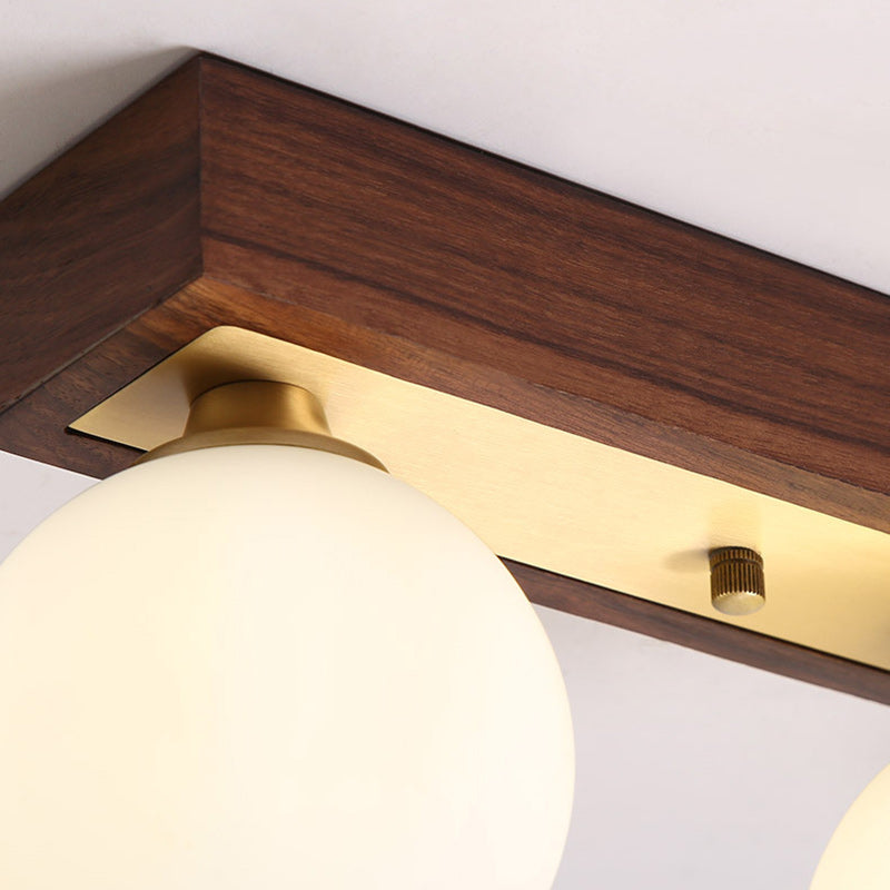 Contemporary Scandinavian Walnut Brass Glass Ball Rectangular Base 2/3 Light Semi-Flush Mount Ceiling Light For Hallway