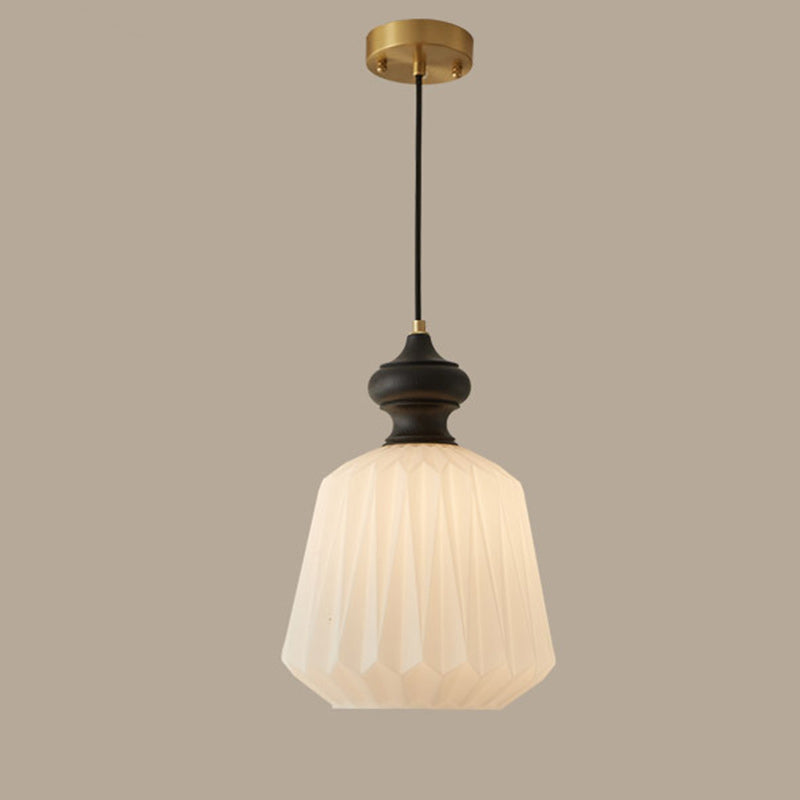 Contemporary Retro Walnut Brass Glass Origami Texture Lantern 1-Light Pendant Light For Dining Room