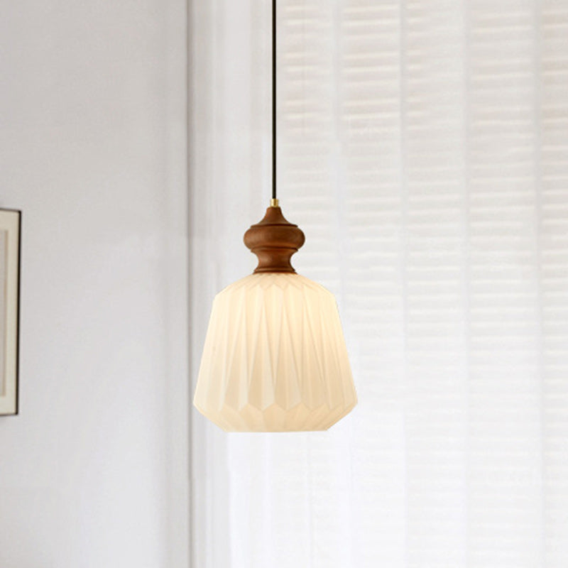Contemporary Retro Walnut Brass Glass Origami Texture Lantern 1-Light Pendant Light For Dining Room