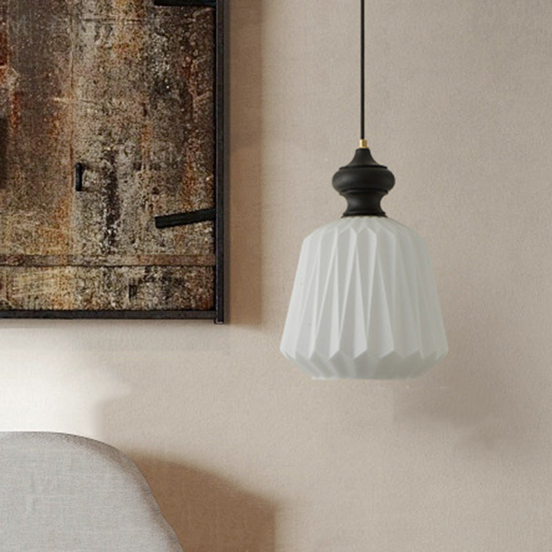 Contemporary Retro Walnut Brass Glass Origami Texture Lantern 1-Light Pendant Light For Dining Room
