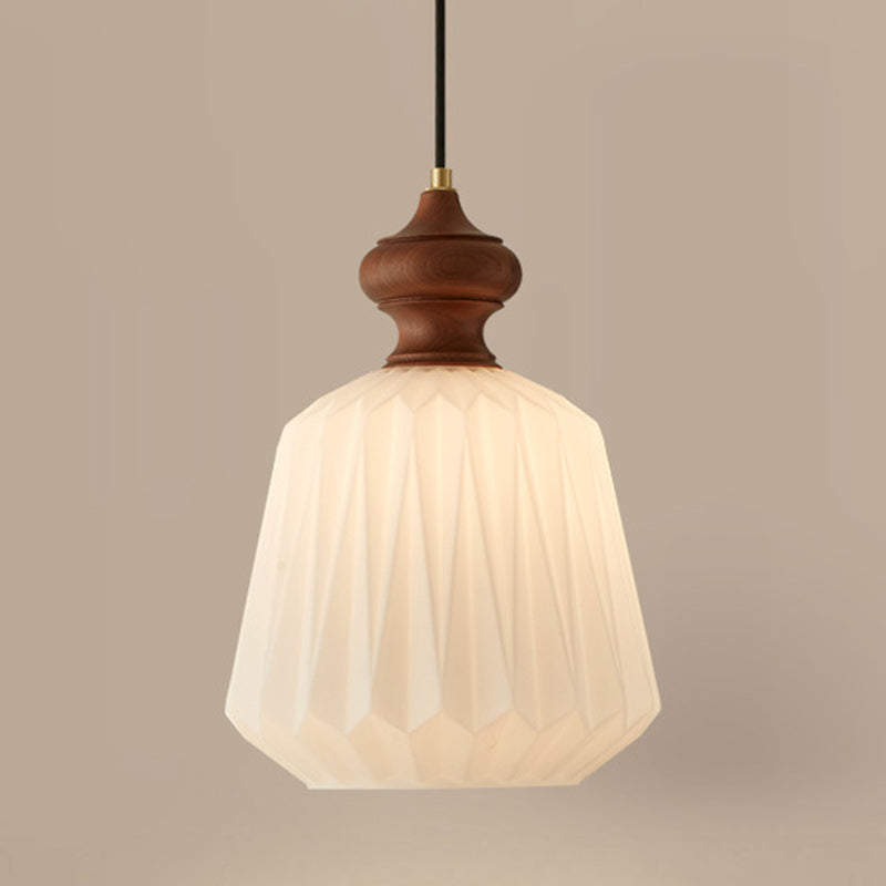 Contemporary Retro Walnut Brass Glass Origami Texture Lantern 1-Light Pendant Light For Dining Room