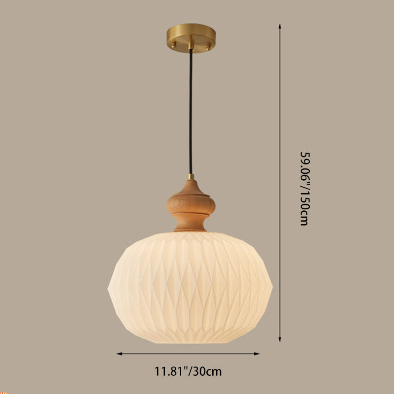 Contemporary Retro Walnut Brass Glass Round Lantern Origami Texture 1-Light Pendant Light For Dining Room