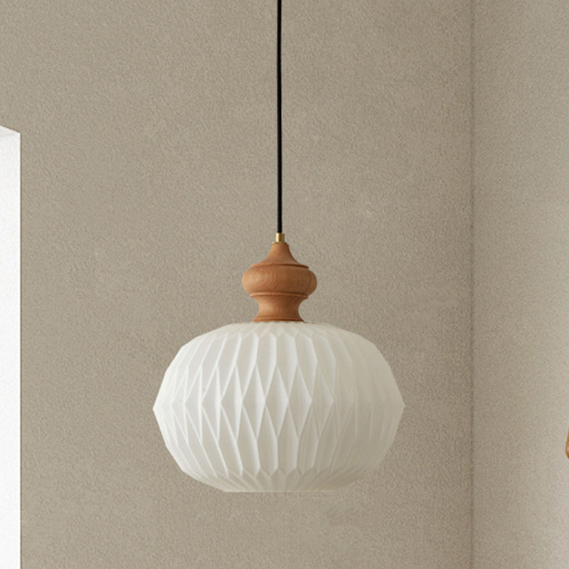 Contemporary Retro Walnut Brass Glass Round Lantern Origami Texture 1-Light Pendant Light For Dining Room