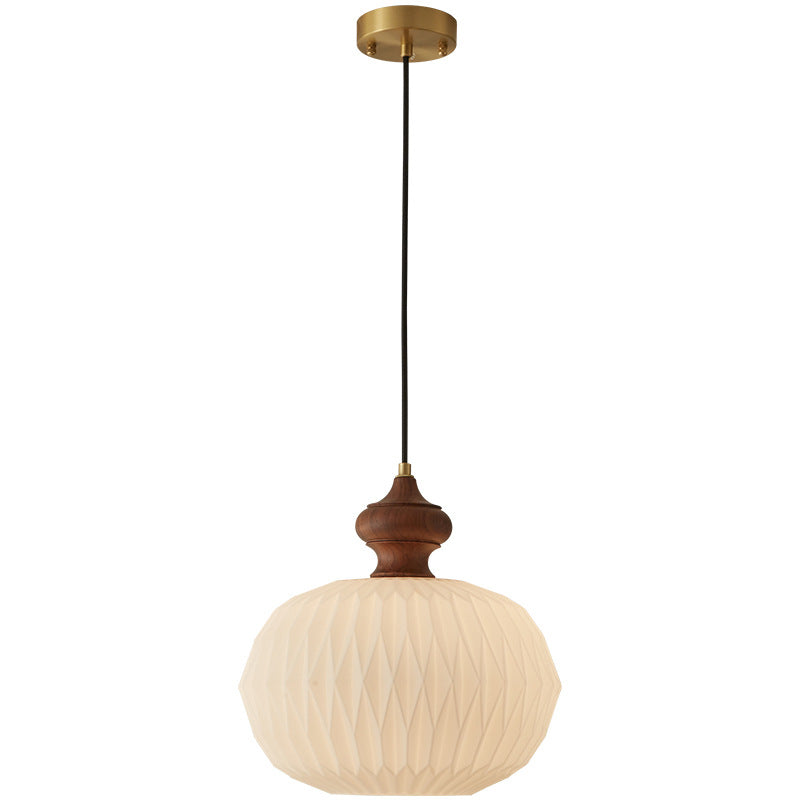 Contemporary Retro Walnut Brass Glass Round Lantern Origami Texture 1-Light Pendant Light For Dining Room