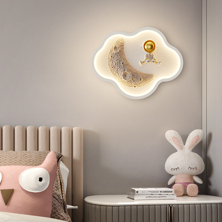 Contemporary Nordic Iron Acrylic Resin Kids Moon Astronaut Round Cloud Heart LED Wall Sconce Lamp For Bedside