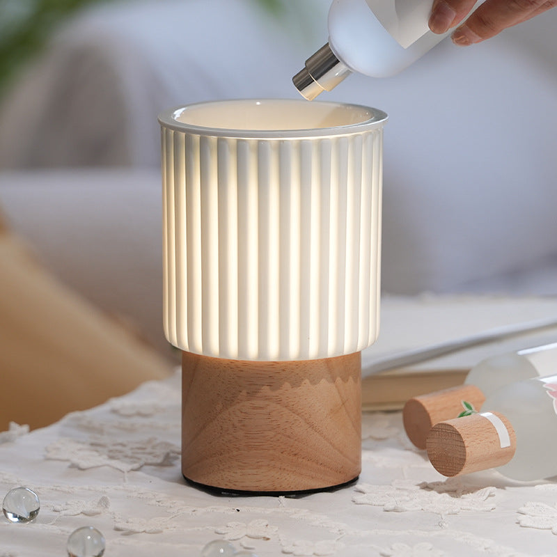 Modern Simplicity Ceramic Wood Cylinder Striped 1-Light Melting Wax Table Lamp Night Light For Bedside