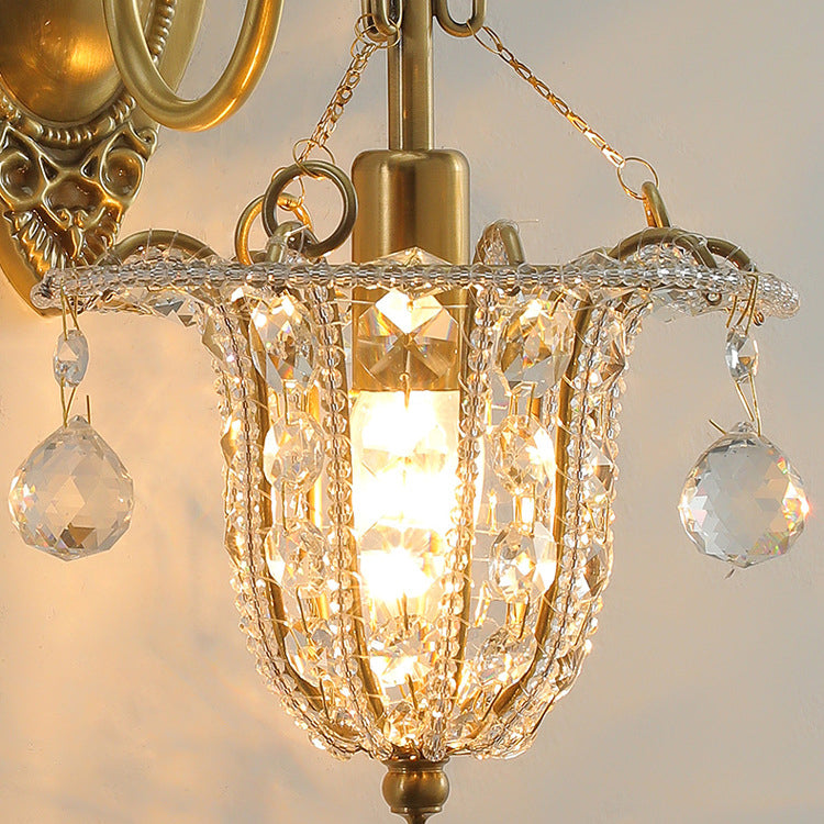 Traditional European Iron Crystal Elliptical Gooseneck 1-Light Wall Sconce Lamp For Hallway