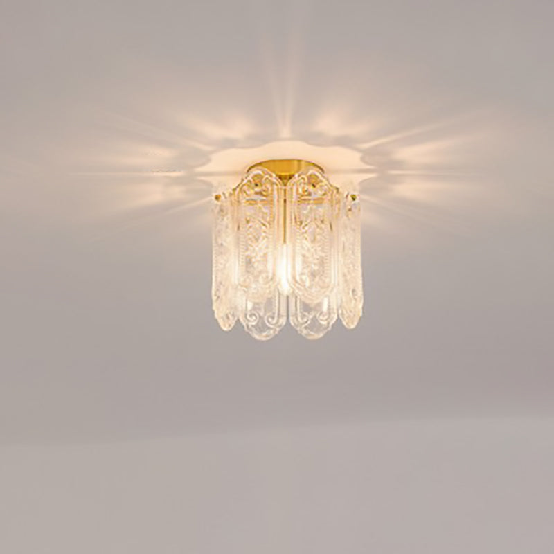 Traditional French Iron Glass Embossed Floral Drum 1-Light Semi-Flush Mount Ceiling Light For Hallway