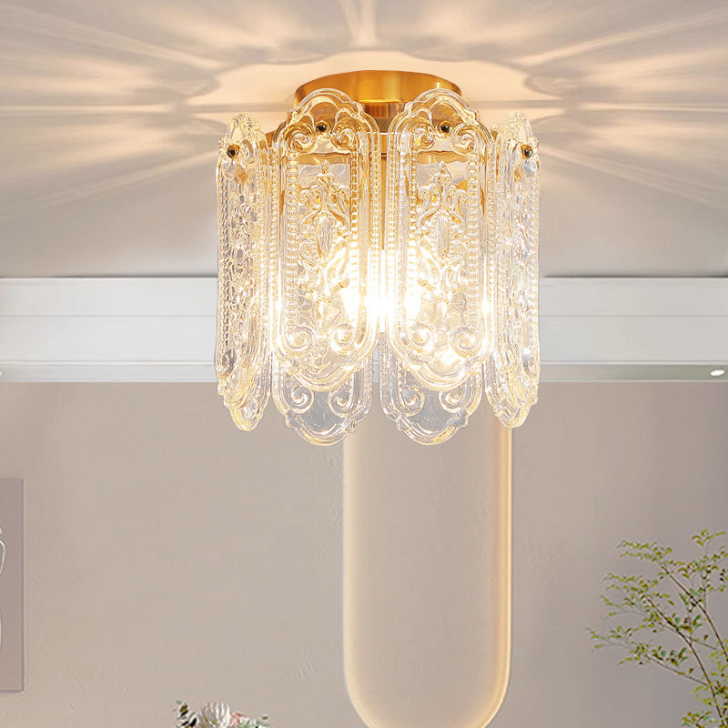 Traditional French Iron Glass Embossed Floral Drum 1-Light Semi-Flush Mount Ceiling Light For Hallway