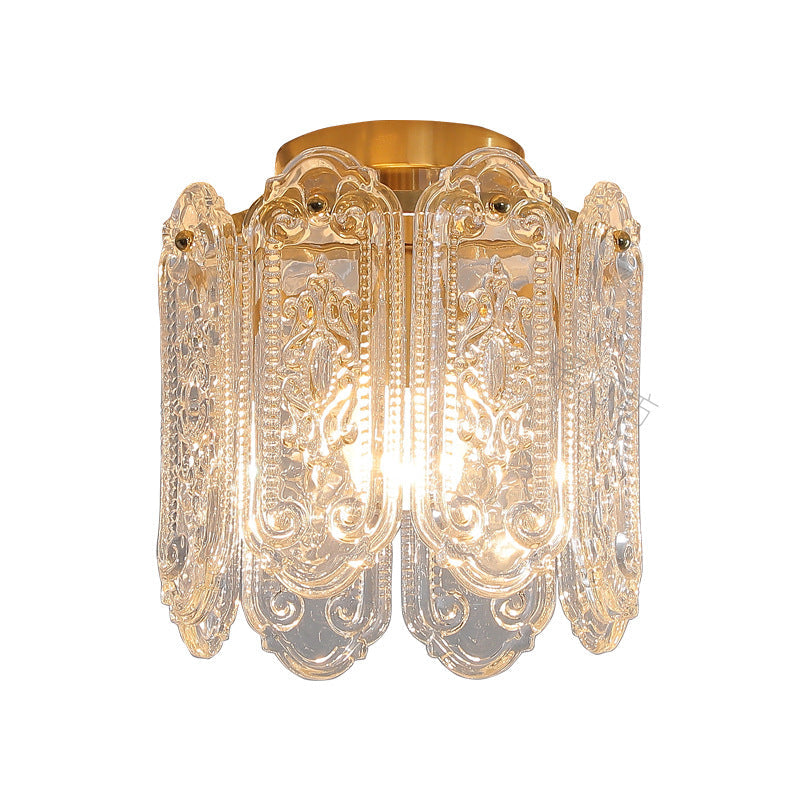 Traditional French Iron Glass Embossed Floral Drum 1-Light Semi-Flush Mount Ceiling Light For Hallway