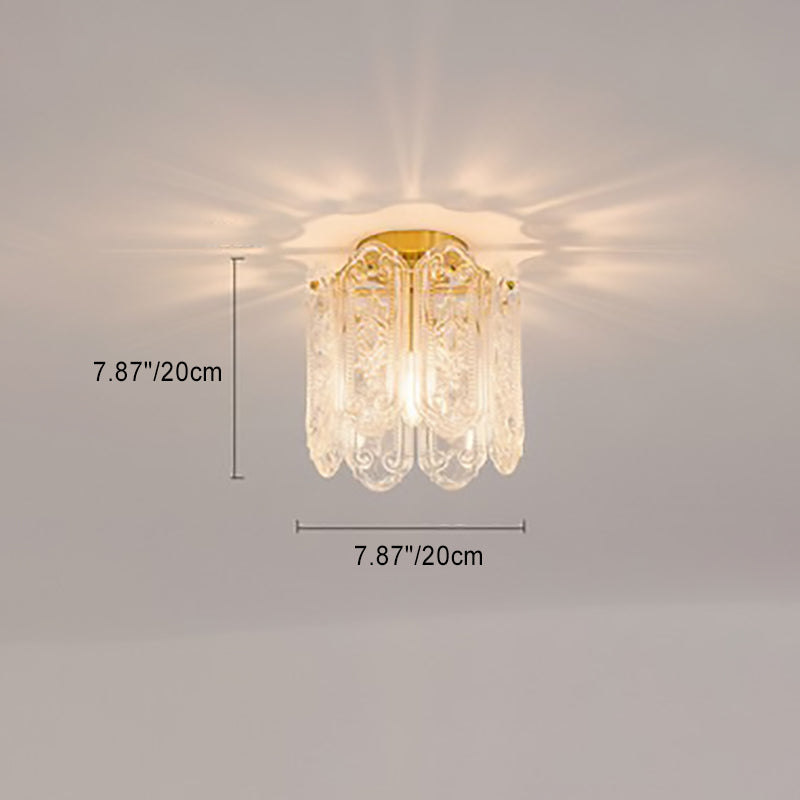 Traditional French Iron Glass Embossed Floral Drum 1-Light Semi-Flush Mount Ceiling Light For Hallway