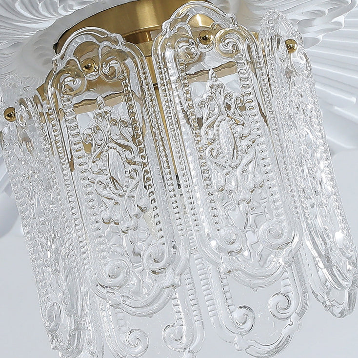 Traditional French Iron Glass Embossed Floral Drum 1-Light Semi-Flush Mount Ceiling Light For Hallway