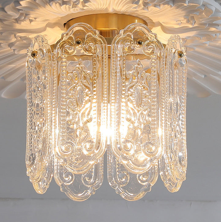 Traditional French Iron Glass Embossed Floral Drum 1-Light Semi-Flush Mount Ceiling Light For Hallway