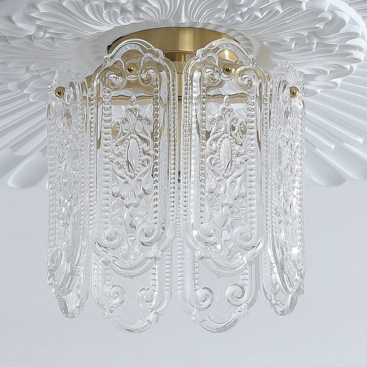 Traditional French Iron Glass Embossed Floral Drum 1-Light Semi-Flush Mount Ceiling Light For Hallway