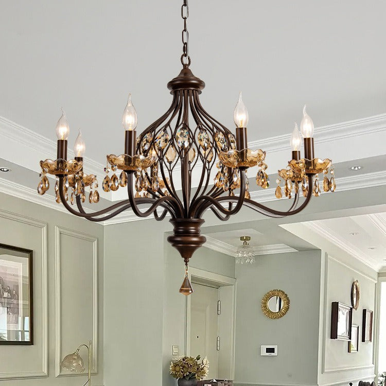 Contemporary Retro Iron Crystal Candlestick Holder Teardrop 6/8/10 Light Chandeliers For Living Room
