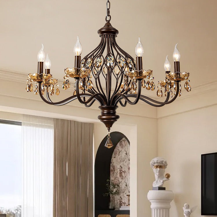 Contemporary Retro Iron Crystal Candlestick Holder Teardrop 6/8/10 Light Chandeliers For Living Room