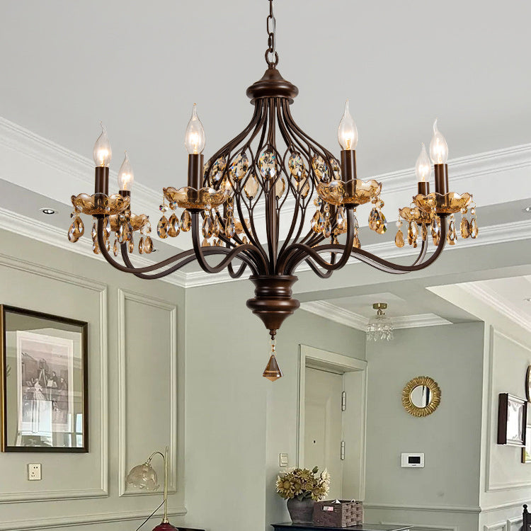 Contemporary Retro Iron Crystal Candlestick Holder Teardrop 6/8/10 Light Chandeliers For Living Room