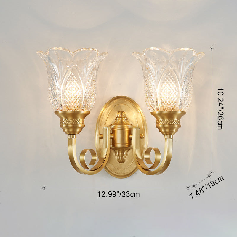مصباح حائطي تقليدي أوروبي من النحاس والزجاج المنقوش بالزهور، نصف ضوء، للممر