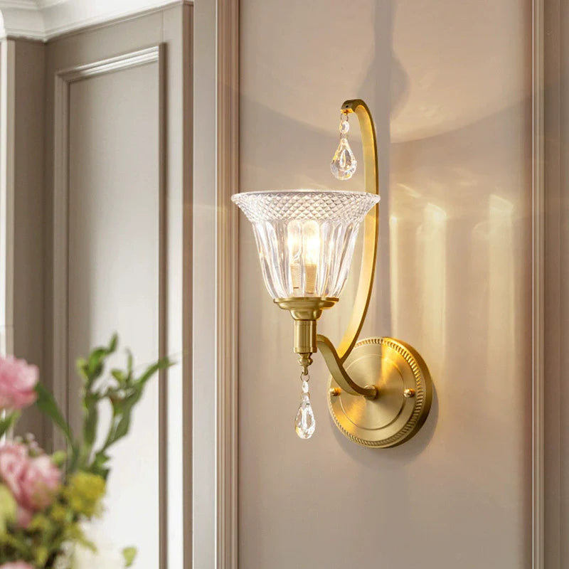 Traditional French Copper Glass Crystal Bell Embossed 1-Light Wall Sconce Lamp For Bedside