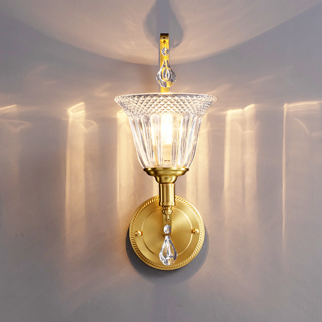 Traditional French Copper Glass Crystal Bell Embossed 1-Light Wall Sconce Lamp For Bedside