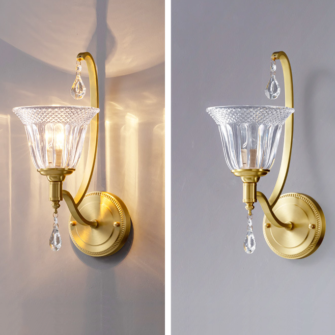 Traditional French Copper Glass Crystal Bell Embossed 1-Light Wall Sconce Lamp For Bedside