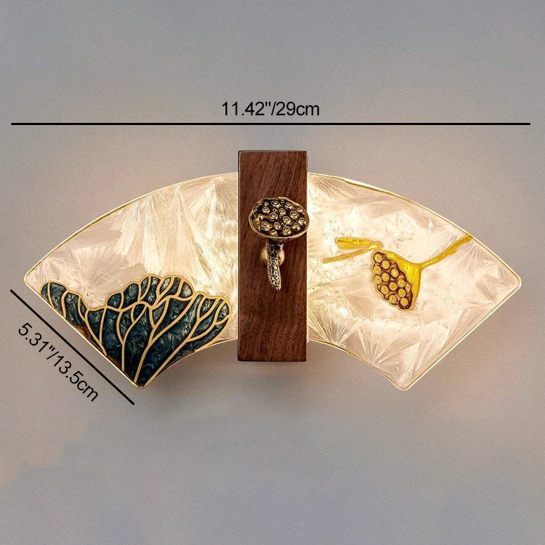 Traditional Chinese Walnut Copper Acrylic Scalloped Hand Enameling Painting Lotus Bamboo Leaf LED Wall Sconce Lamp For Bedside